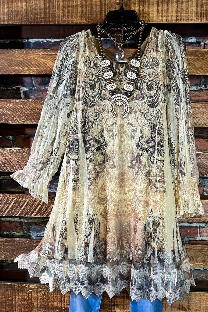 A FAIRYTALE STORY LACE TUNIC LAYERED IN BEIGE TAUPE BROWN