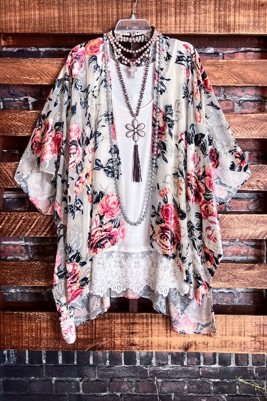 Vintage Garden Roses Velvet Burnout Kimono in Multi-Color