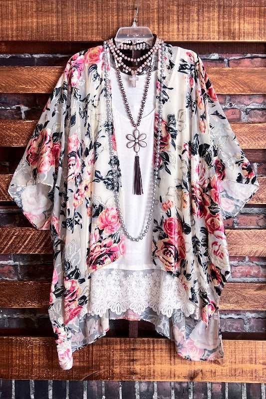 Vintage Garden Roses Velvet Burnout Kimono in Multi-Color