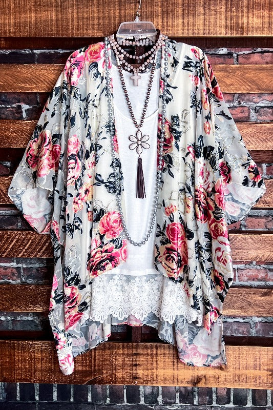 Vintage Garden Roses Velvet Burnout Kimono in Multi-Color