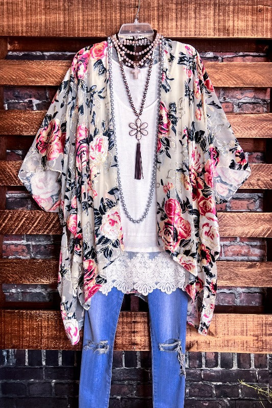 Vintage Garden Roses Velvet Burnout Kimono in Multi-Color