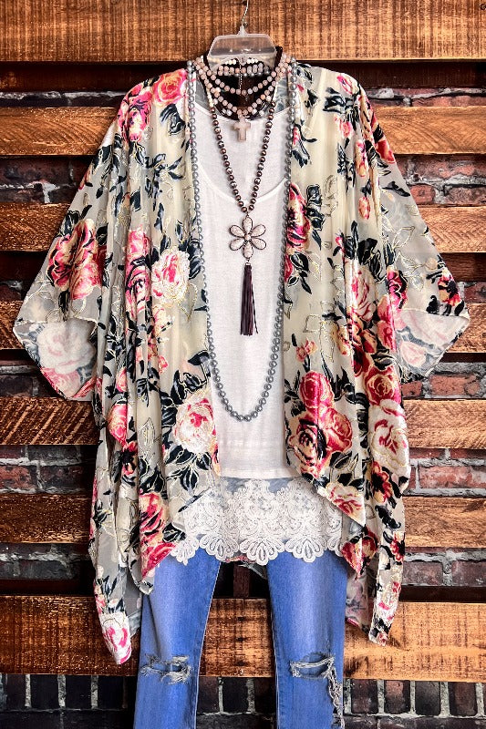 Vintage Garden Roses Velvet Burnout Kimono in Multi-Color