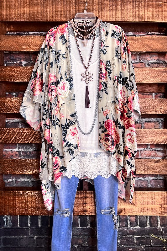 Vintage Garden Roses Velvet Burnout Kimono in Multi-Color