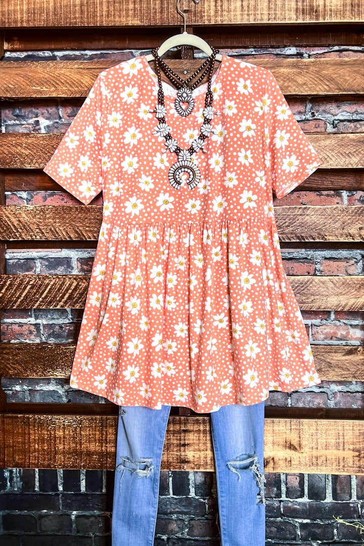 DAISY BLOOMS BABYDOLL TOP IN CORAL BLUSH & FLORAL