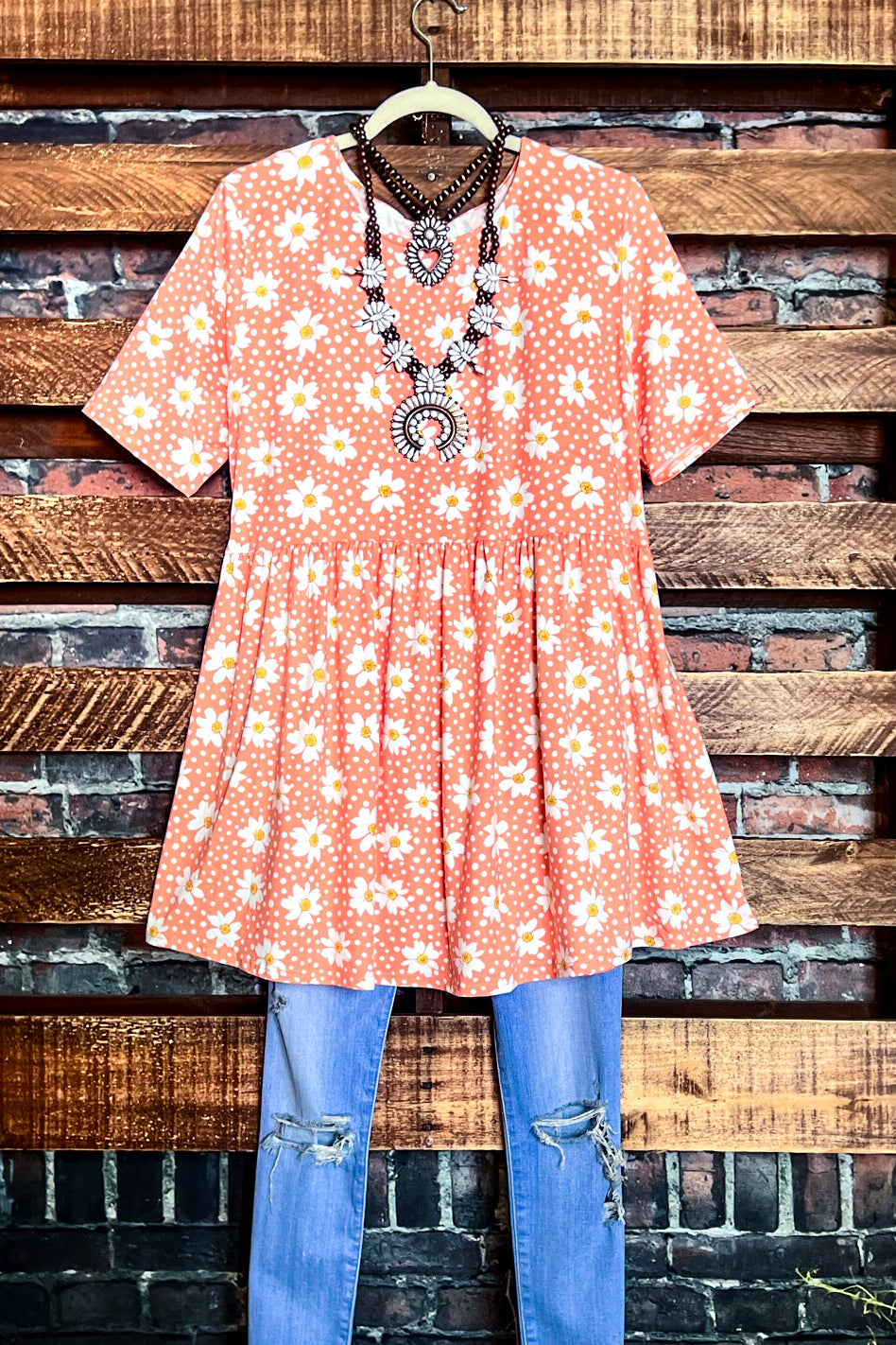 DAISY BLOOMS BABYDOLL TOP IN CORAL BLUSH & FLORAL