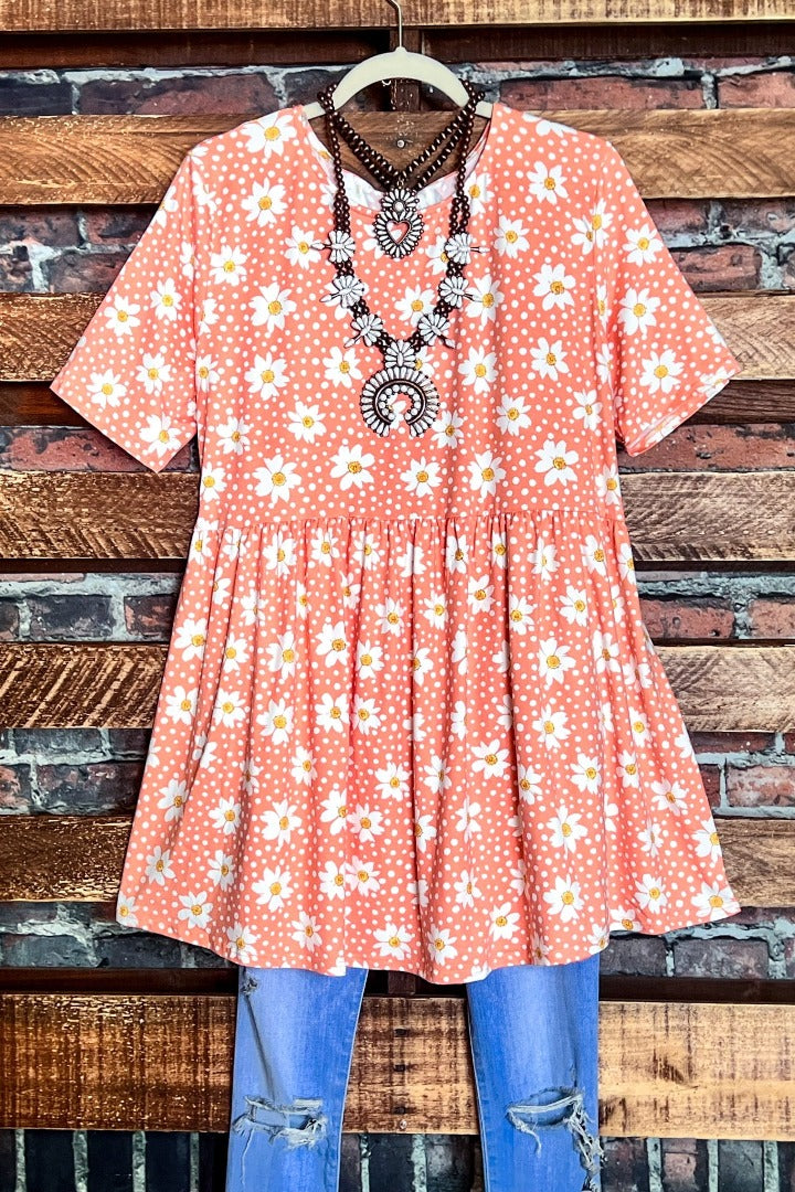 DAISY BLOOMS BABYDOLL TOP IN CORAL BLUSH & FLORAL