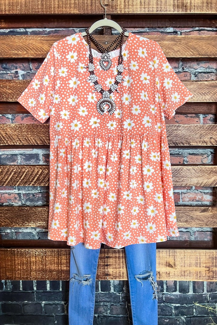DAISY BLOOMS BABYDOLL TOP IN CORAL BLUSH & FLORAL