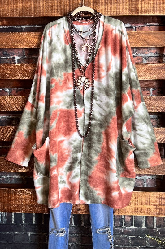 TAKE IT EASY TIE DYE LONG SWEATER TUNIC 4X 5X 6X IN OLIVE & RUST