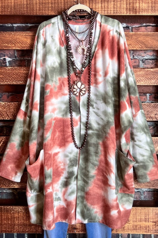 TAKE IT EASY TIE DYE LONG SWEATER TUNIC 4X 5X 6X IN OLIVE & RUST