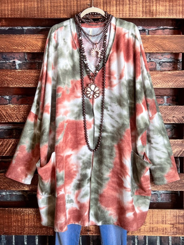 TAKE IT EASY TIE DYE LONG SWEATER TUNIC 4X 5X 6X IN OLIVE & RUST