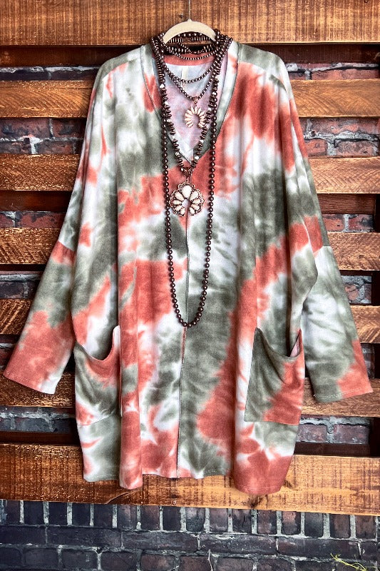 TAKE IT EASY TIE DYE LONG SWEATER TUNIC 4X 5X 6X IN OLIVE & RUST