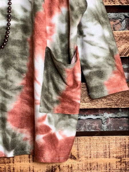 TAKE IT EASY TIE DYE LONG SWEATER TUNIC 4X 5X 6X IN OLIVE & RUST