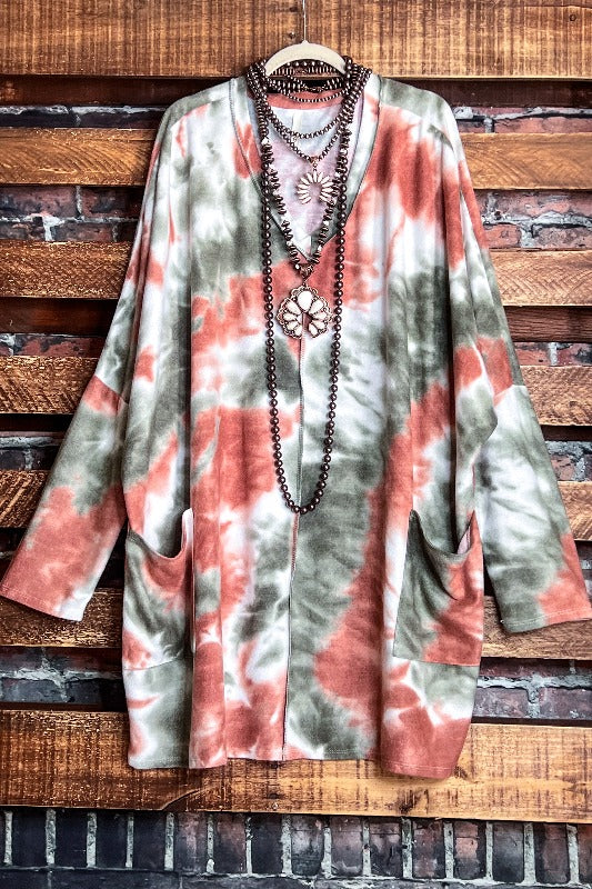 TAKE IT EASY TIE DYE LONG SWEATER TUNIC 4X 5X 6X IN OLIVE & RUST