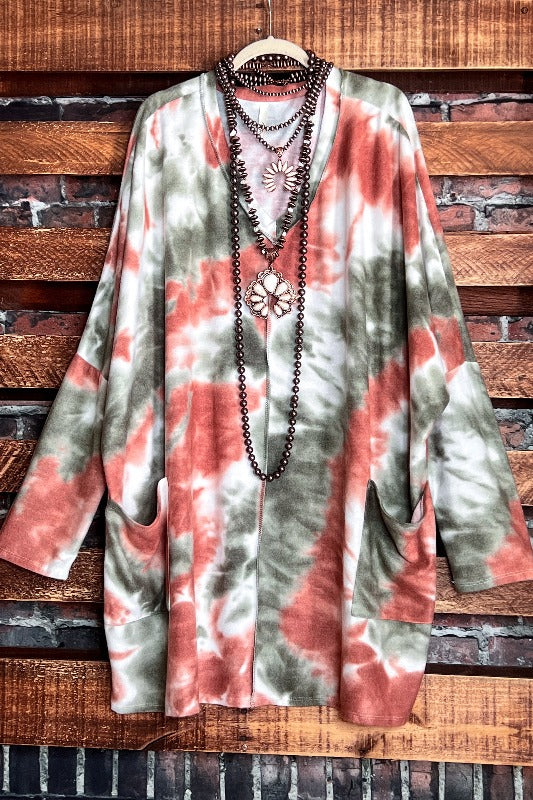TAKE IT EASY TIE DYE LONG SWEATER TUNIC 4X 5X 6X IN OLIVE & RUST