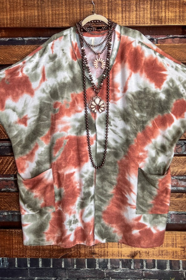 TAKE IT EASY TIE DYE LONG SWEATER TUNIC 4X 5X 6X IN OLIVE & RUST