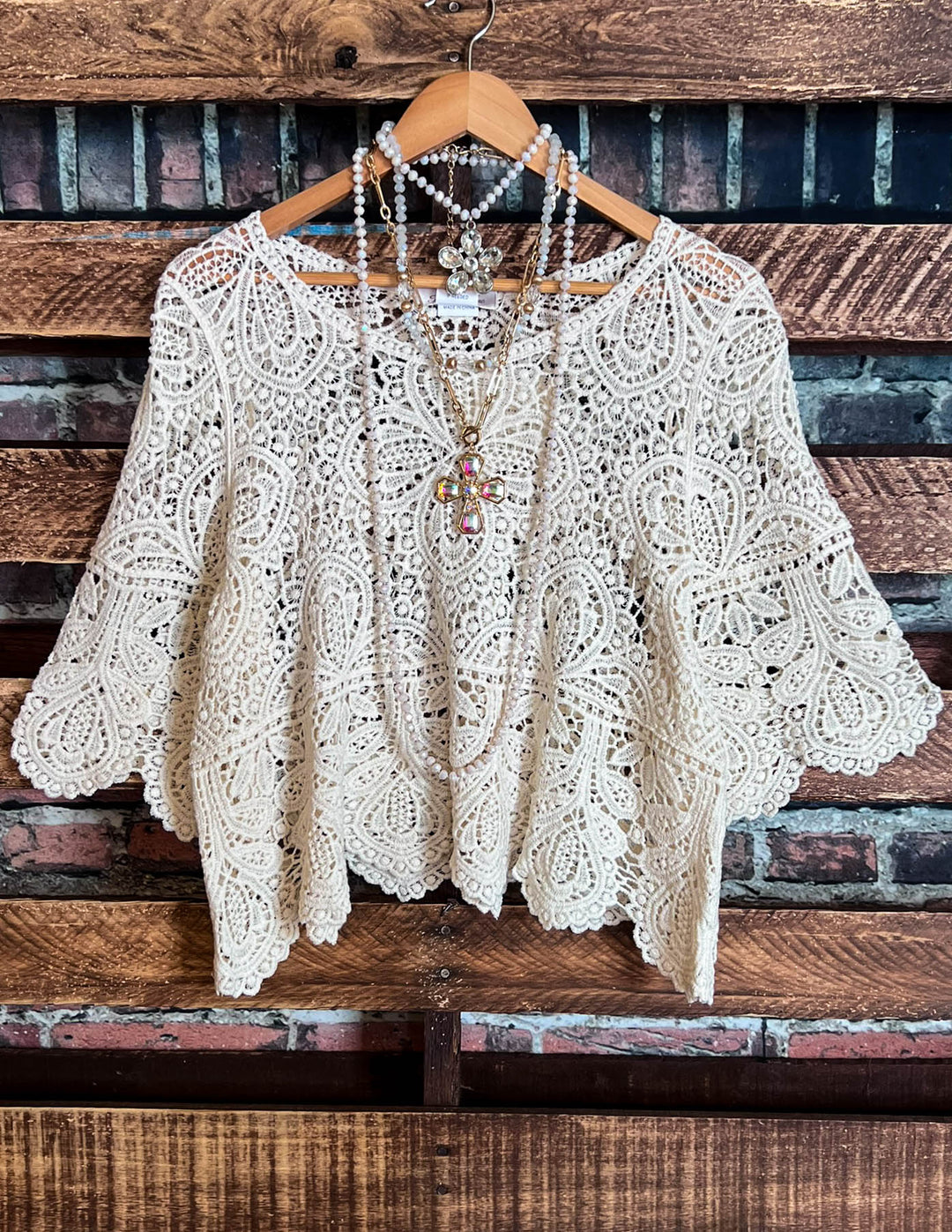 BY THE LIGHT OF THE MOON ROMANCE CROCHET TOP BEIGE
