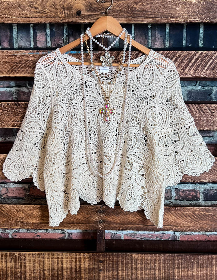 BY THE LIGHT OF THE MOON ROMANCE CROCHET TOP BEIGE