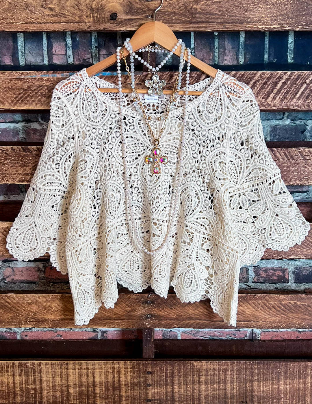 BY THE LIGHT OF THE MOON ROMANCE CROCHET TOP BEIGE