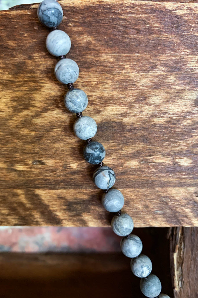 NATURAL STONE BEADED & CRYSTAL GRAY CROSS NECKLACE