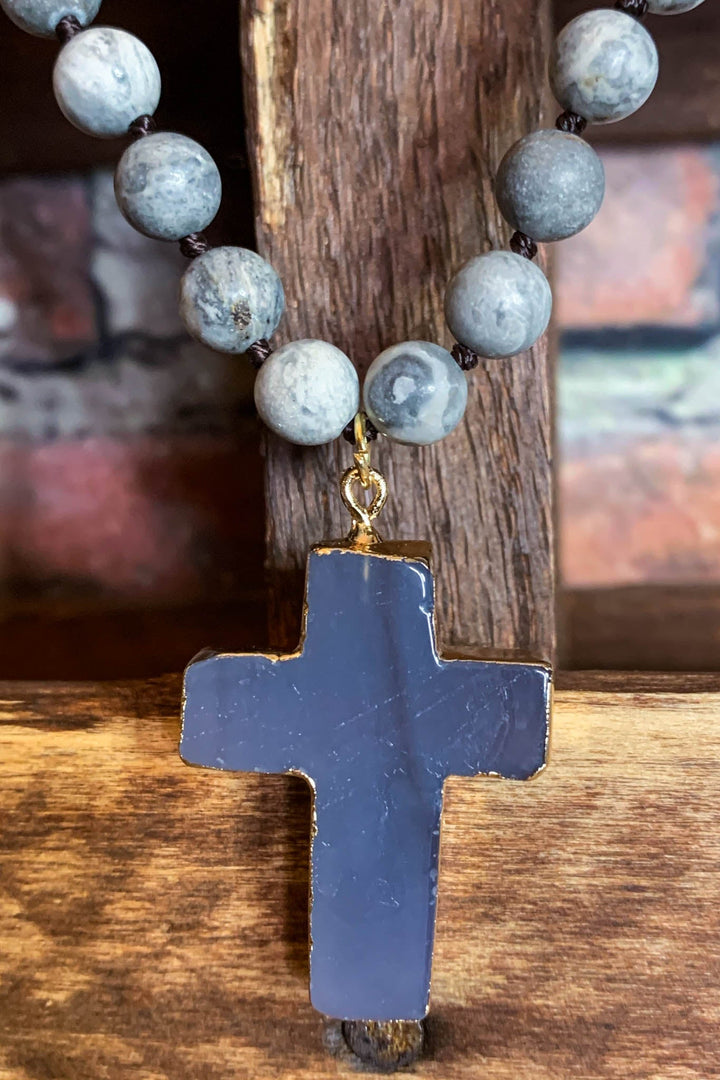 Light Of My Life Gray Cross Necklace Natural Stone