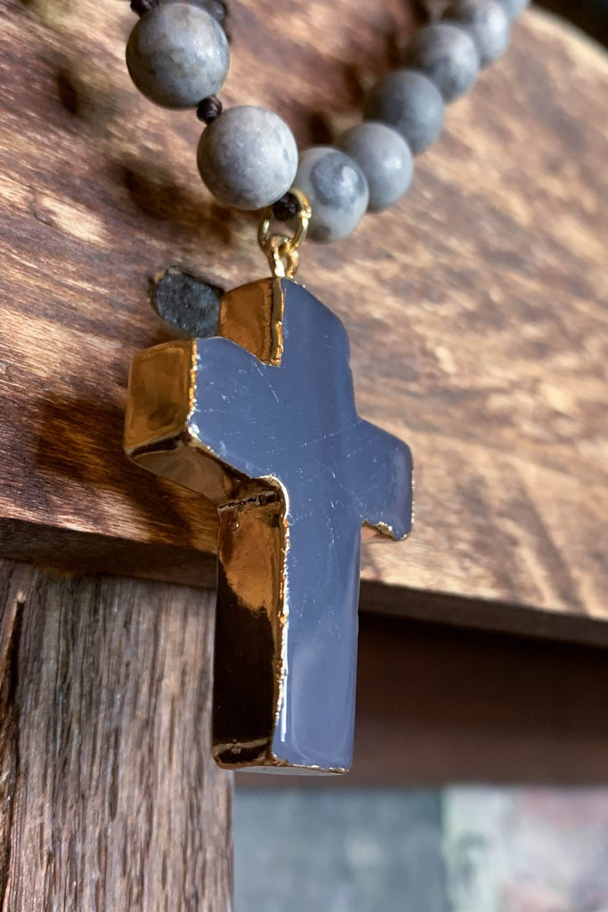 NATURAL STONE BEADED & CRYSTAL GRAY CROSS NECKLACE