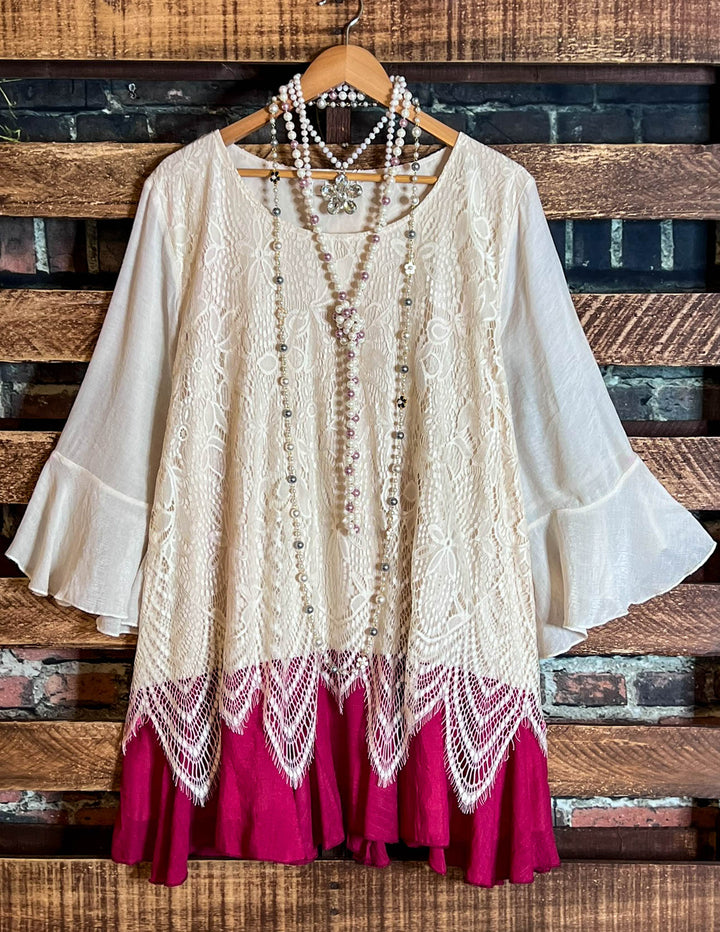 ABSOLUTELY UNFORGETTABLE FAB LACE TUNIC IN BEIGE & CRIMSON