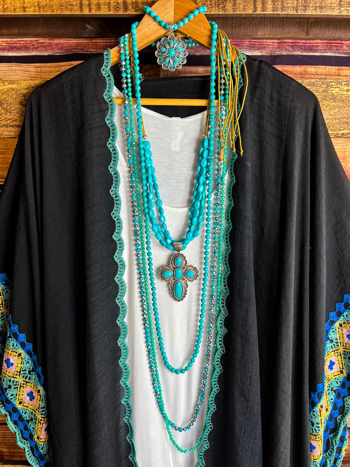 Perfectly Beautiful Embroidered Trim Black Kimono