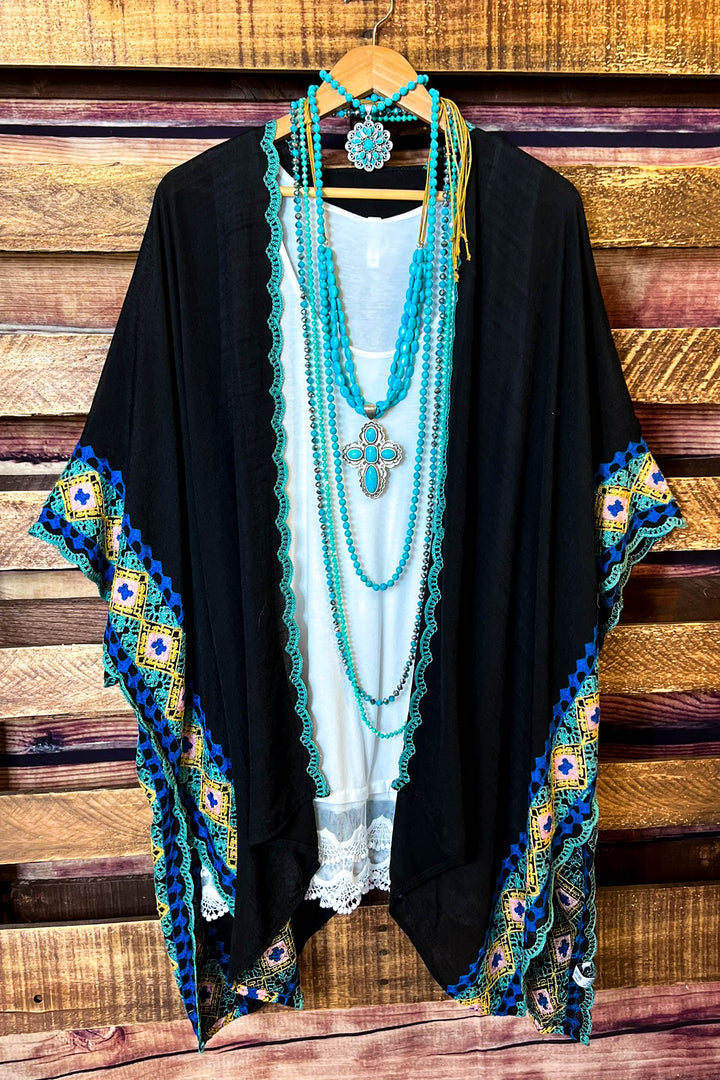 Perfectly Beautiful Embroidered Trim Black Kimono