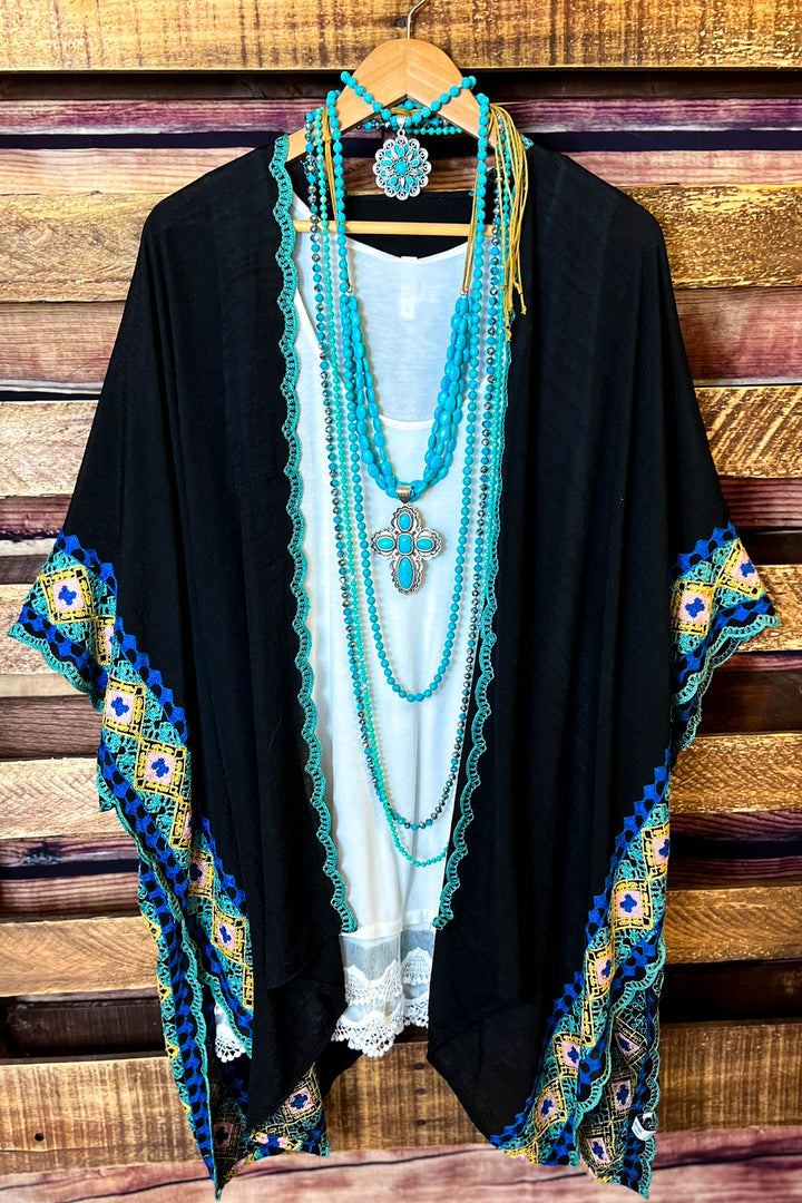 Perfectly Beautiful Embroidered Trim Black Kimono