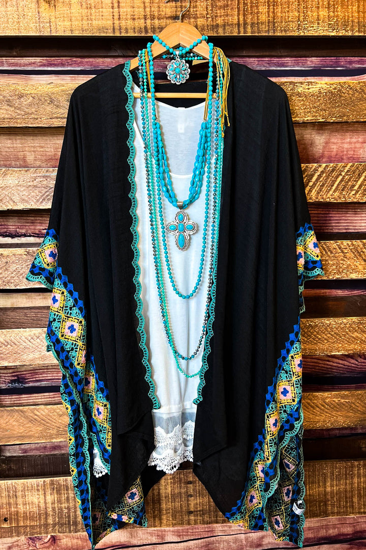 Perfectly Beautiful Embroidered Trim Black Kimono