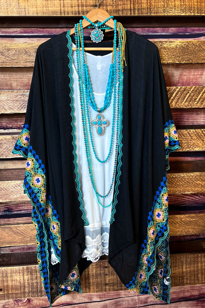 Perfectly Beautiful Embroidered Trim Black Kimono