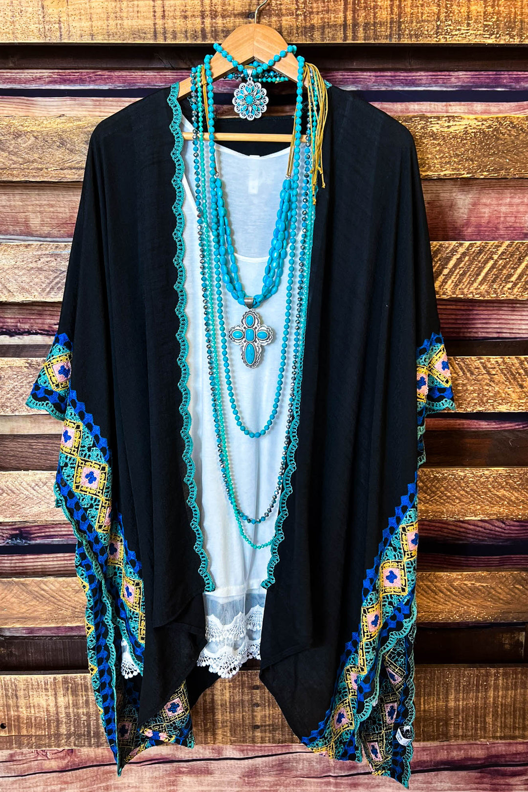 Perfectly Beautiful Embroidered Trim Black Kimono