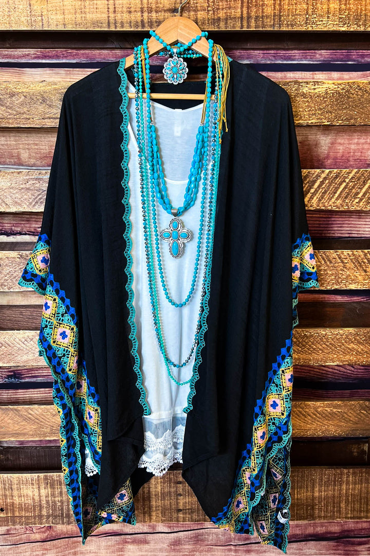 Perfectly Beautiful Embroidered Trim Black Kimono