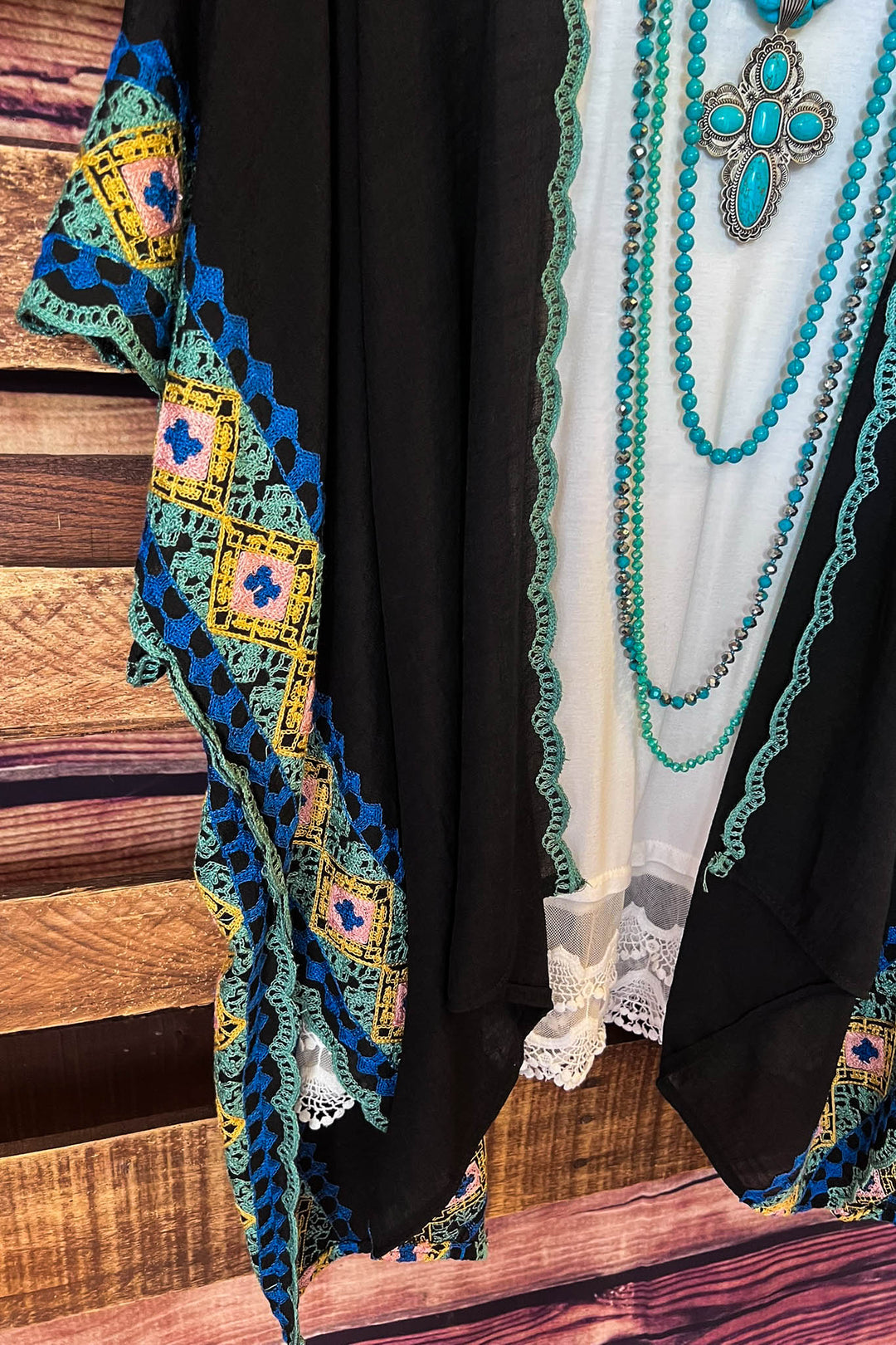 Perfectly Beautiful Embroidered Trim Black Kimono