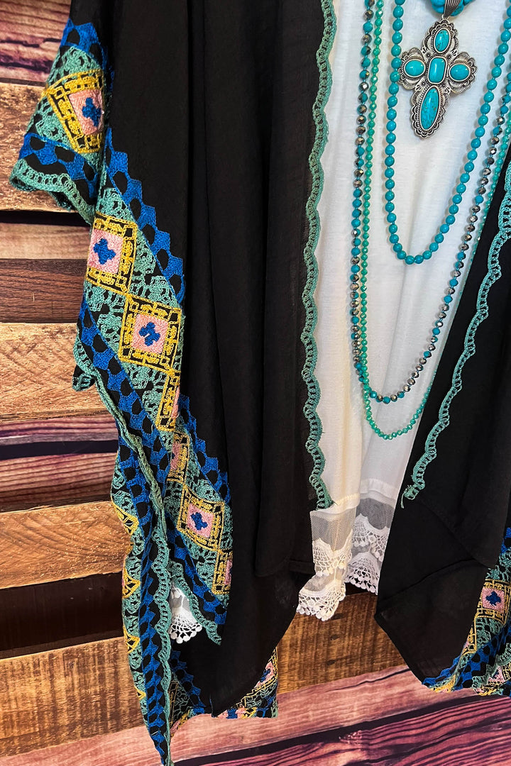Perfectly Beautiful Embroidered Trim Black Kimono