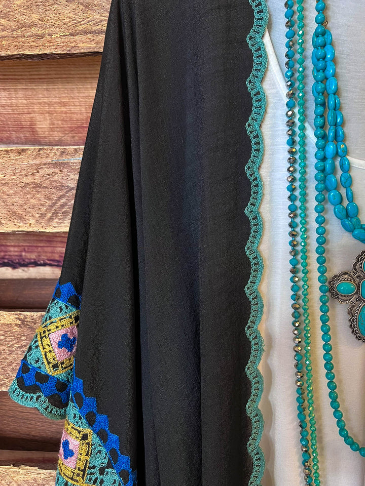 Perfectly Beautiful Embroidered Trim Black Kimono