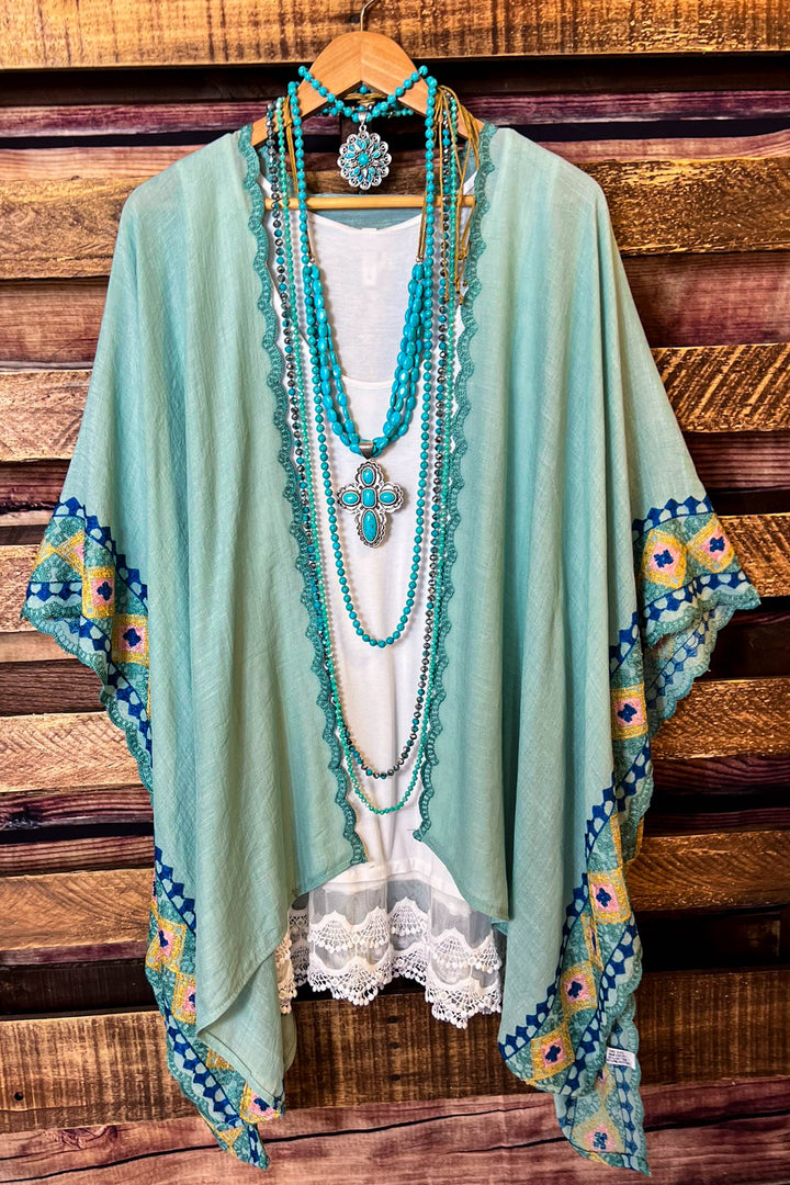 Perfectly Beautiful  Embroidered Trim Sage Kimono
