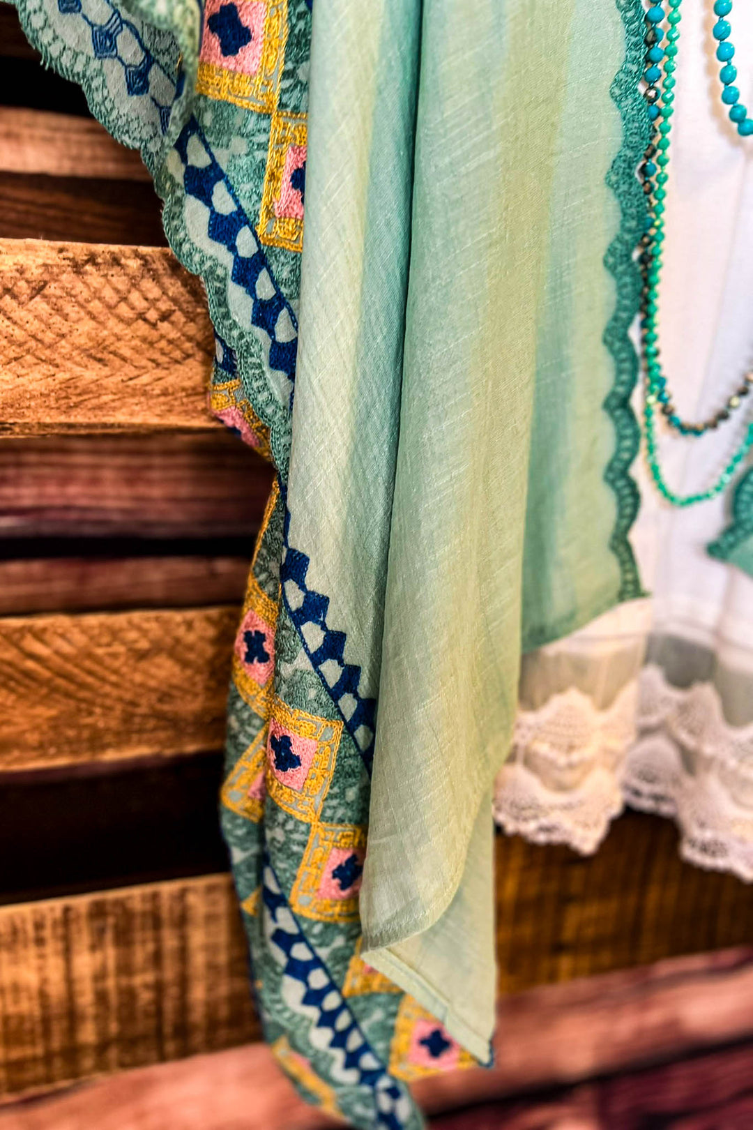 Perfectly Beautiful  Embroidered Trim Sage Kimono