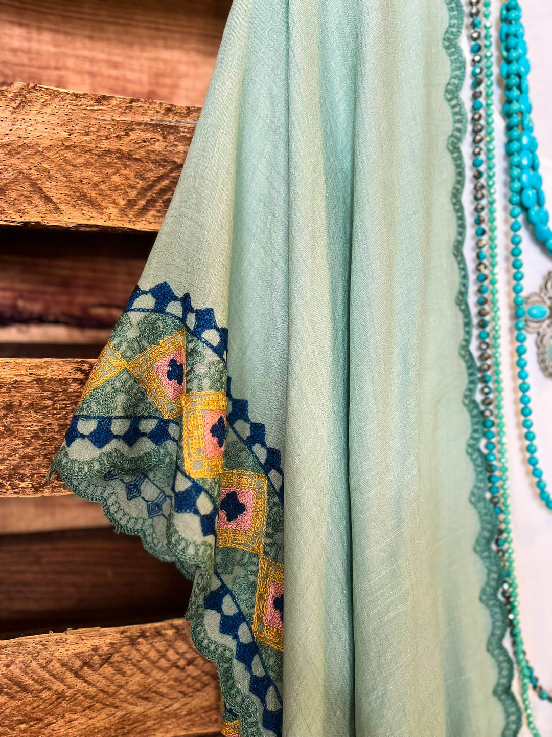 Perfectly Beautiful  Embroidered Trim Sage Kimono