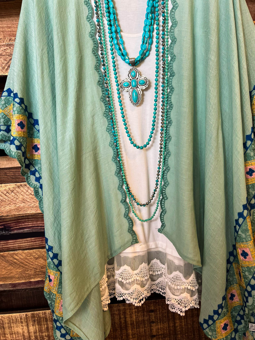 Perfectly Beautiful  Embroidered Trim Sage Kimono