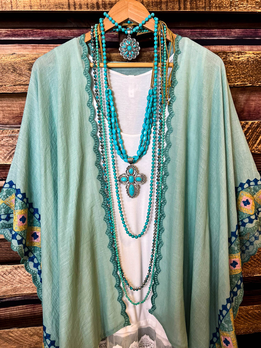 Perfectly Beautiful  Embroidered Trim Sage Kimono