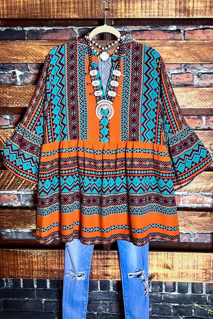 BOHEMIAN FREE SOUL OVERSIZED TOP IN BROWN & TURQUOISE