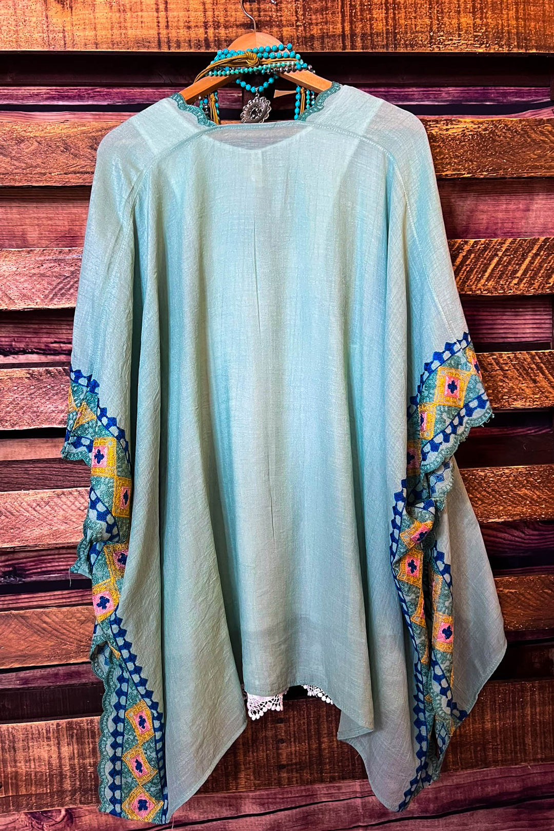 Perfectly Beautiful  Embroidered Trim Sage Kimono
