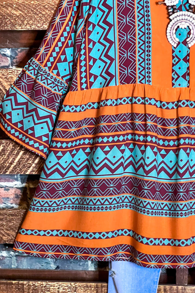 BOHEMIAN FREE SOUL OVERSIZED TOP IN BROWN & TURQUOISE