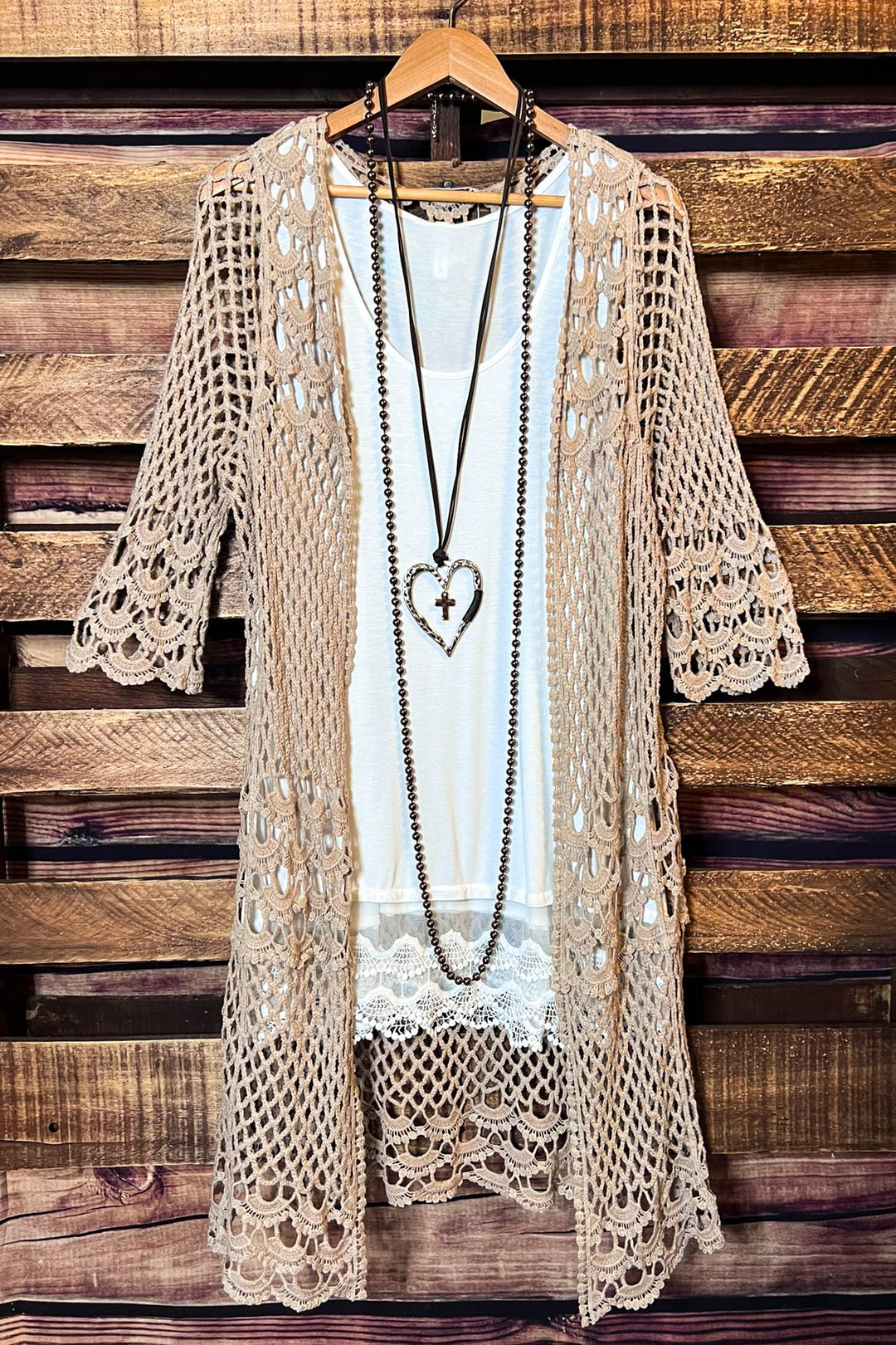 BOHEMIAN HEART VINTAGE INSPIRED CROCHET DUSTER CARDIGAN IN ASH MOCHA