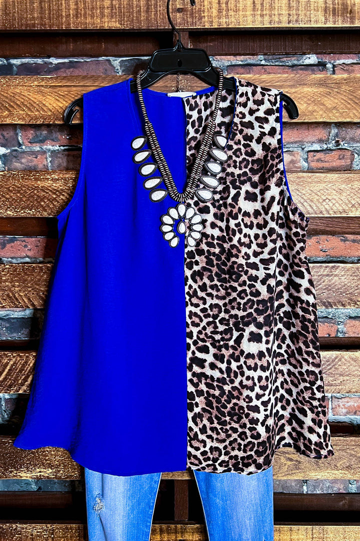 14-22 SIZE - DREAMS OF YOU ROYAL BLUE & LEOPARD PRINT TOP -------- SALE