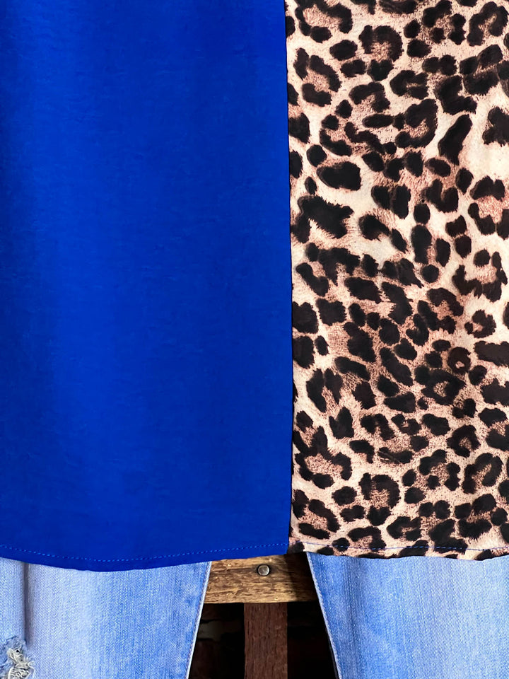 14-22 SIZE - DREAMS OF YOU ROYAL BLUE & LEOPARD PRINT TOP -------- SALE