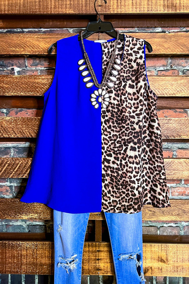 14-22 SIZE - DREAMS OF YOU ROYAL BLUE & LEOPARD PRINT TOP -------- SALE