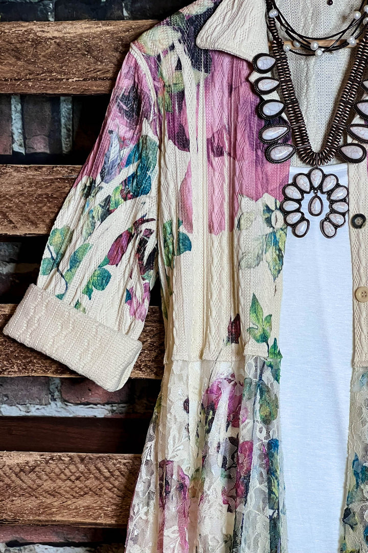 MAGNOLIA BLOSSOM LACE JACKET CARDIGAN IN BEIGE & MULTI-COLOR