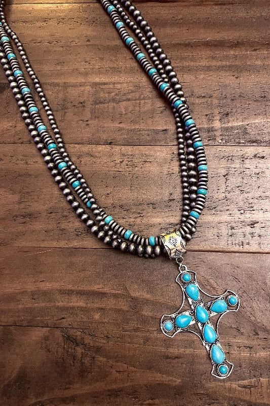 VINTAGE VICTORIAN CROSS NECKLACE BLUE TURQUOISE